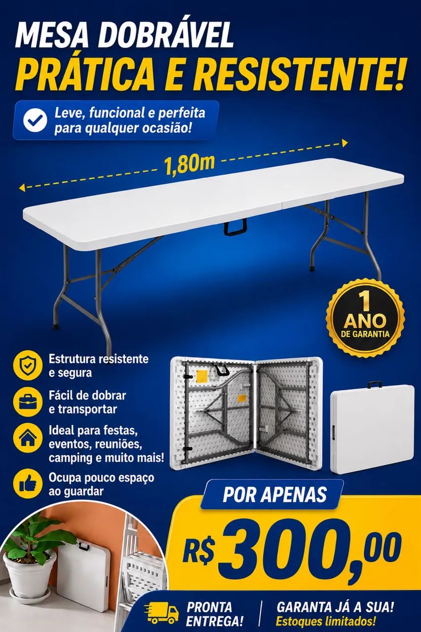 Mesa dobrável e portátil 1.80m. Novas ! 300,00
