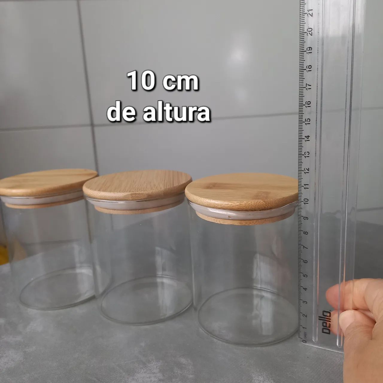 Kit de 3 potes de vidro com tampa de bambu  - Foto 2