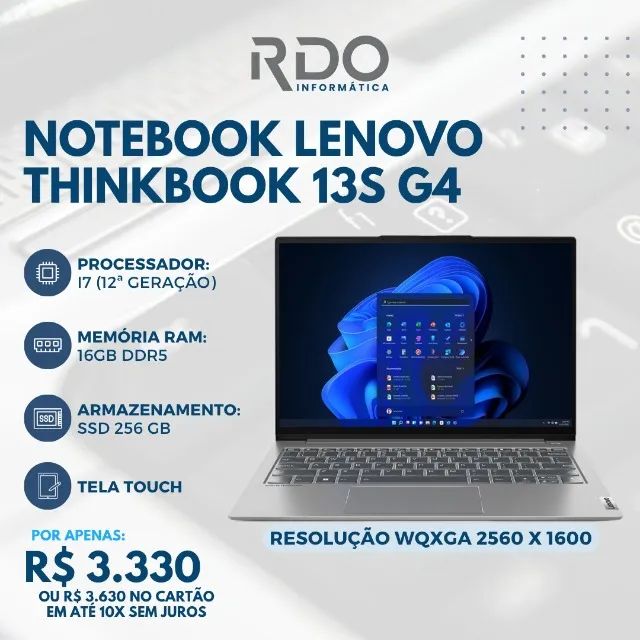 Notebook Lenovo ThinkBook 13S G4 I7 12ª 16GB RAM DDR5 Com Tela
