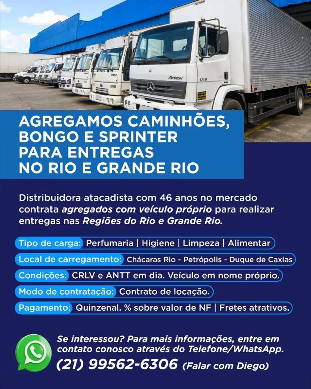 Agregamos Caminhões, Bongo, Sprinter para entregas no Rio e Grande Rio