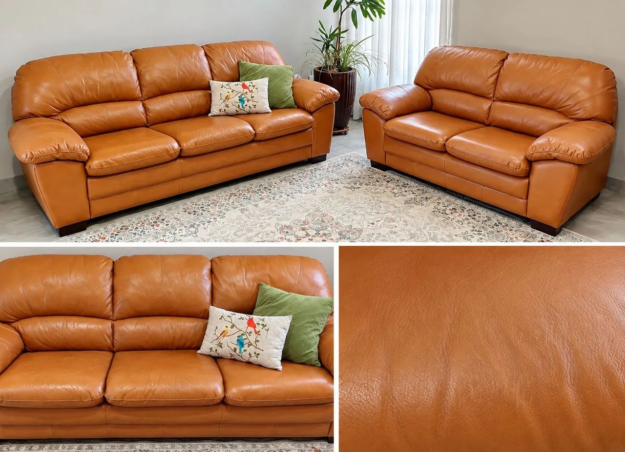 Conjunto de Sofás em Couro Legítimo - 3 e 2 Lugares