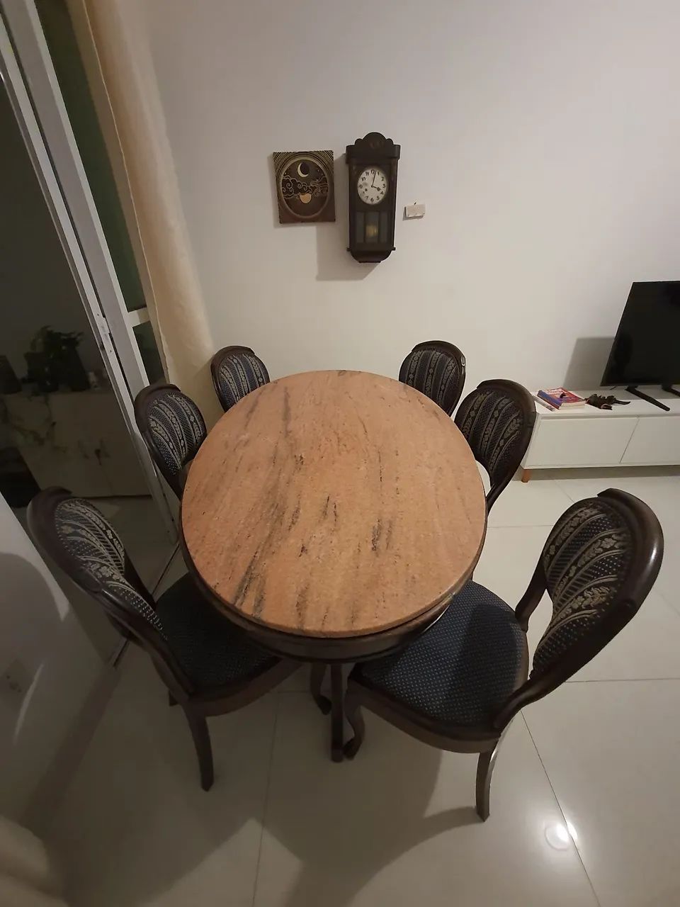 Mesa antiga de jacarandá e mármore rosa