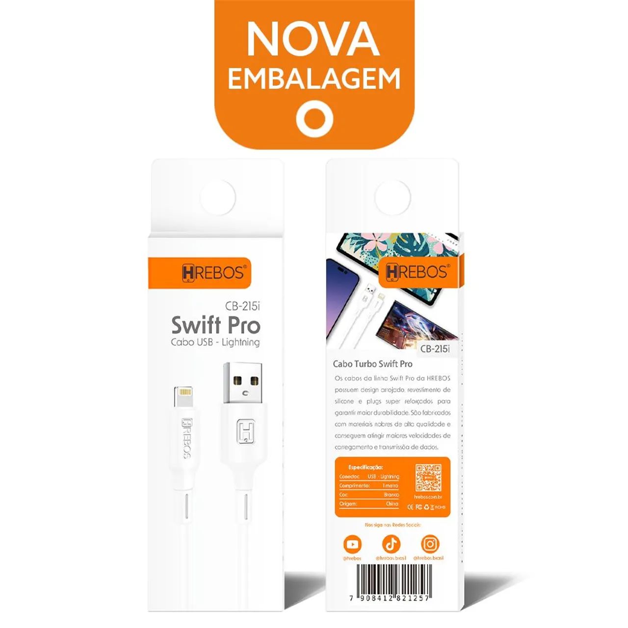 Cabo USB Lightning Swift Pro 1M HREBOS CB-215i