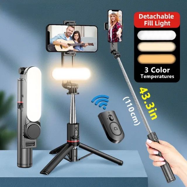  Mini Tripé Selfie Vara Dobrável Foto Sem Fio Bluetooth com Led