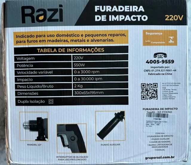 Furadeira De Impacto Razi 1/2 550w 220v Cinza - Rzfi13/m2