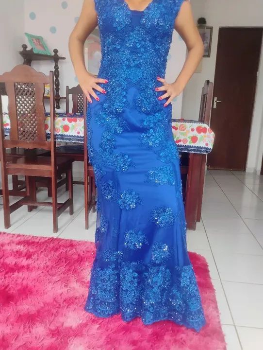 Vestido de Festa Azul Royal Bordado - Usado uma vez por uma hora - Foto 2