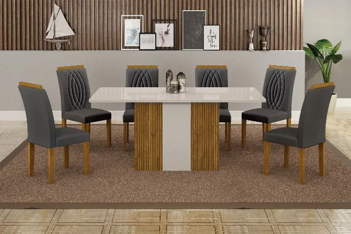 Conjunto de Mesa de Jantar com 6 Cadeiras Acolchoadas