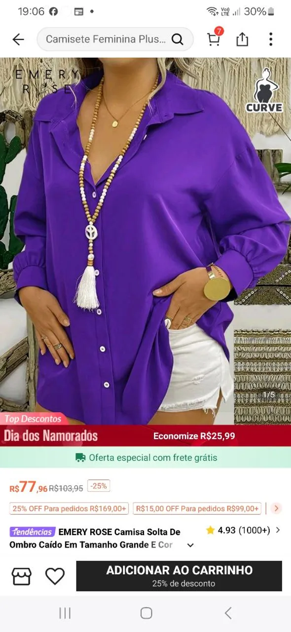 Camisa Solta Ombro Caído EMERY ROSE - Roxa