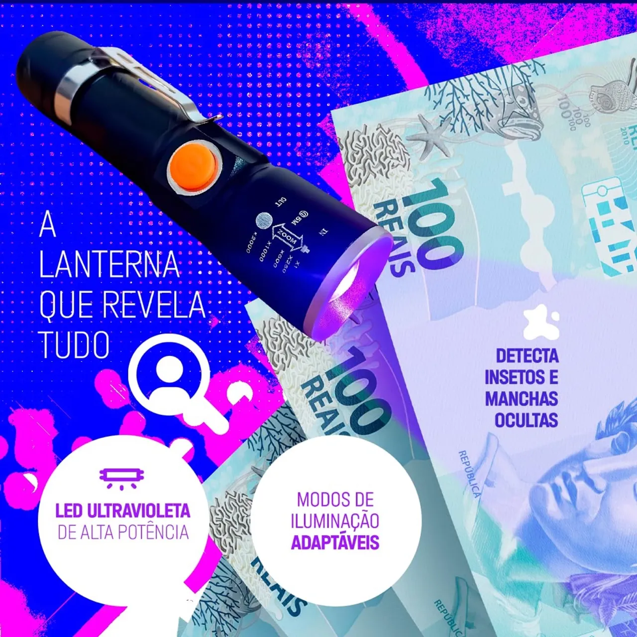 Lanterna LED UV Ultravioleta Recarregável Caça Escorpião Inseto Aranha Urina Gato Pets