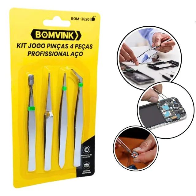 Kit Jogo de 4 Pinças Aço Manutenção Celulares Notebook Eletrônicos Reballing 