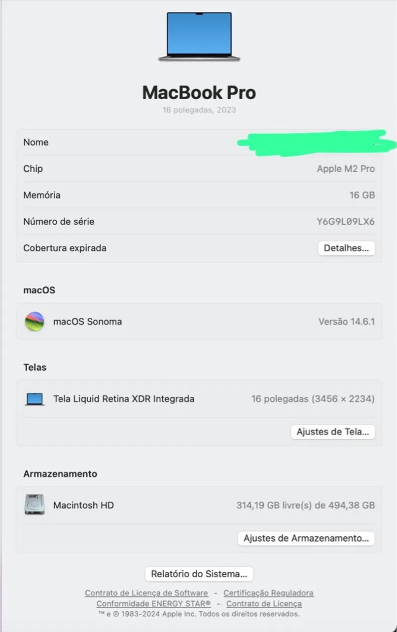 Apple Macbook Pro 2023 memória 16gb hd 512gb