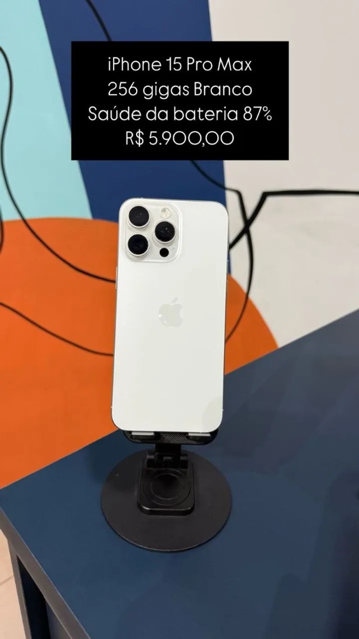 iPhone 15 Pro Max / 256GB / Branco / Saúde de bateria 87% / R
