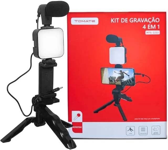 Kit Gravação 4 Em 1 Com Microfone, Led, Suporte Celular / Live youtube