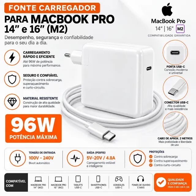 Carregador 96W Compatível com Macbook Pro Com Cabo Tipo C - Foto 4