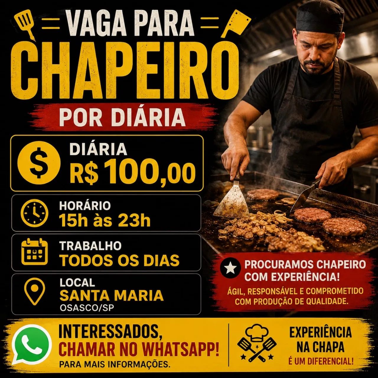 Vagas de chapeiro e cozinheira