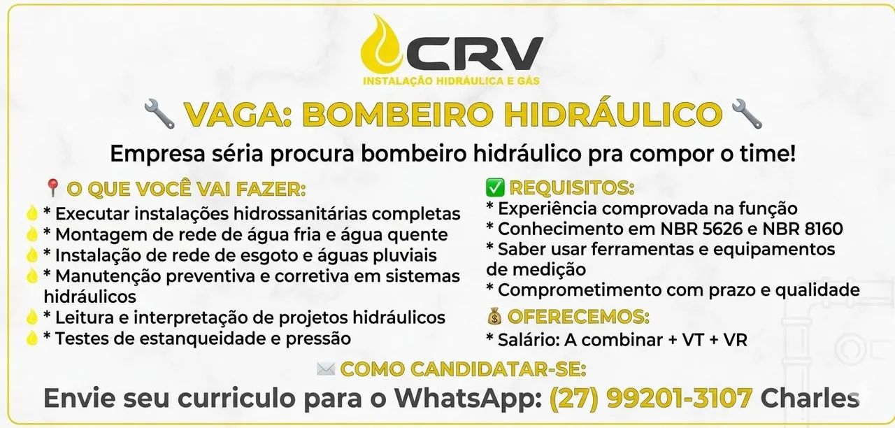 Vaga Bombeiro Hidráulico 