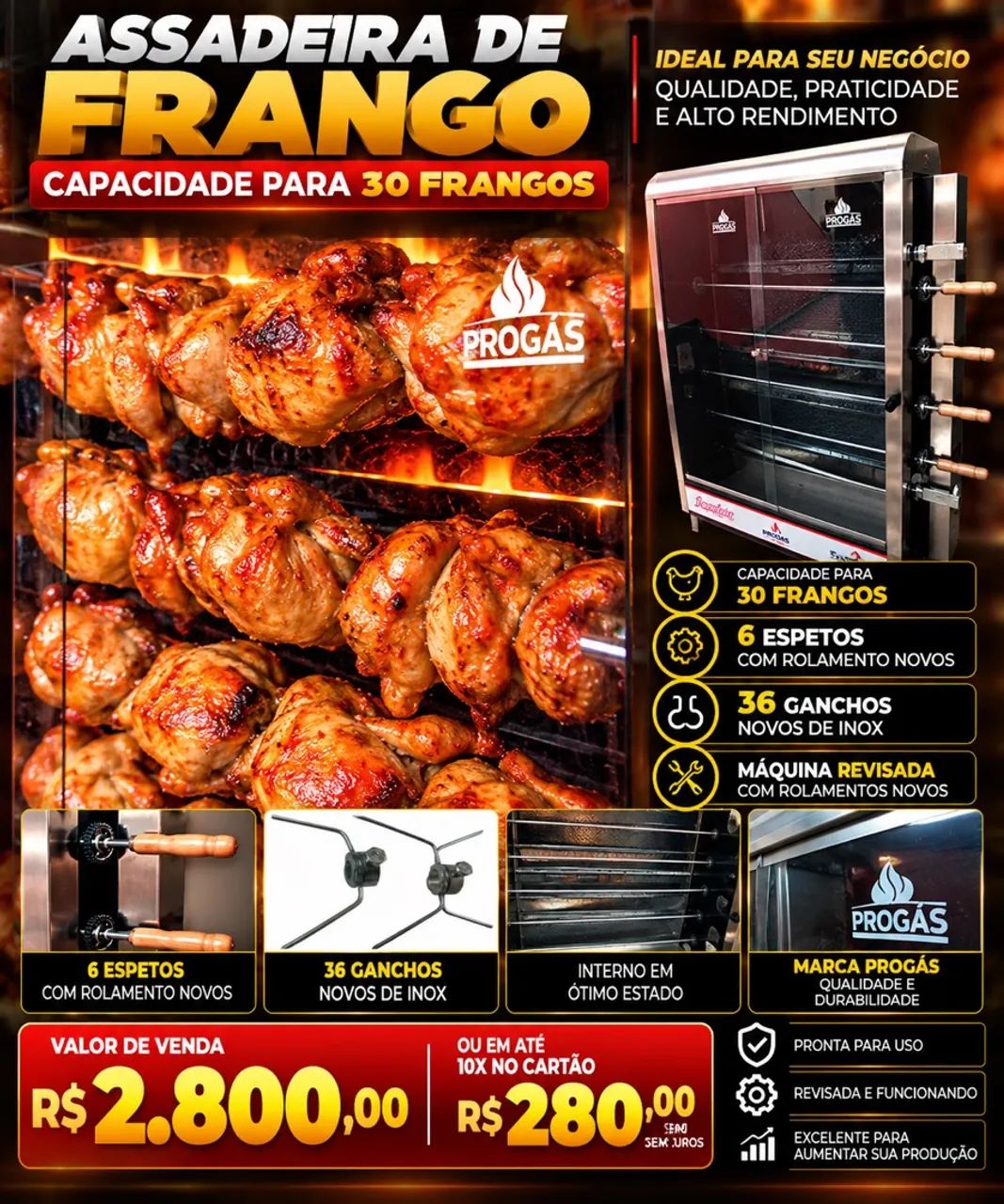 Assadeira de frango progas 30 frangos 