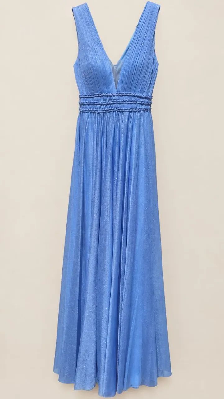Vestido longo de festa Azul Serenity com brilho