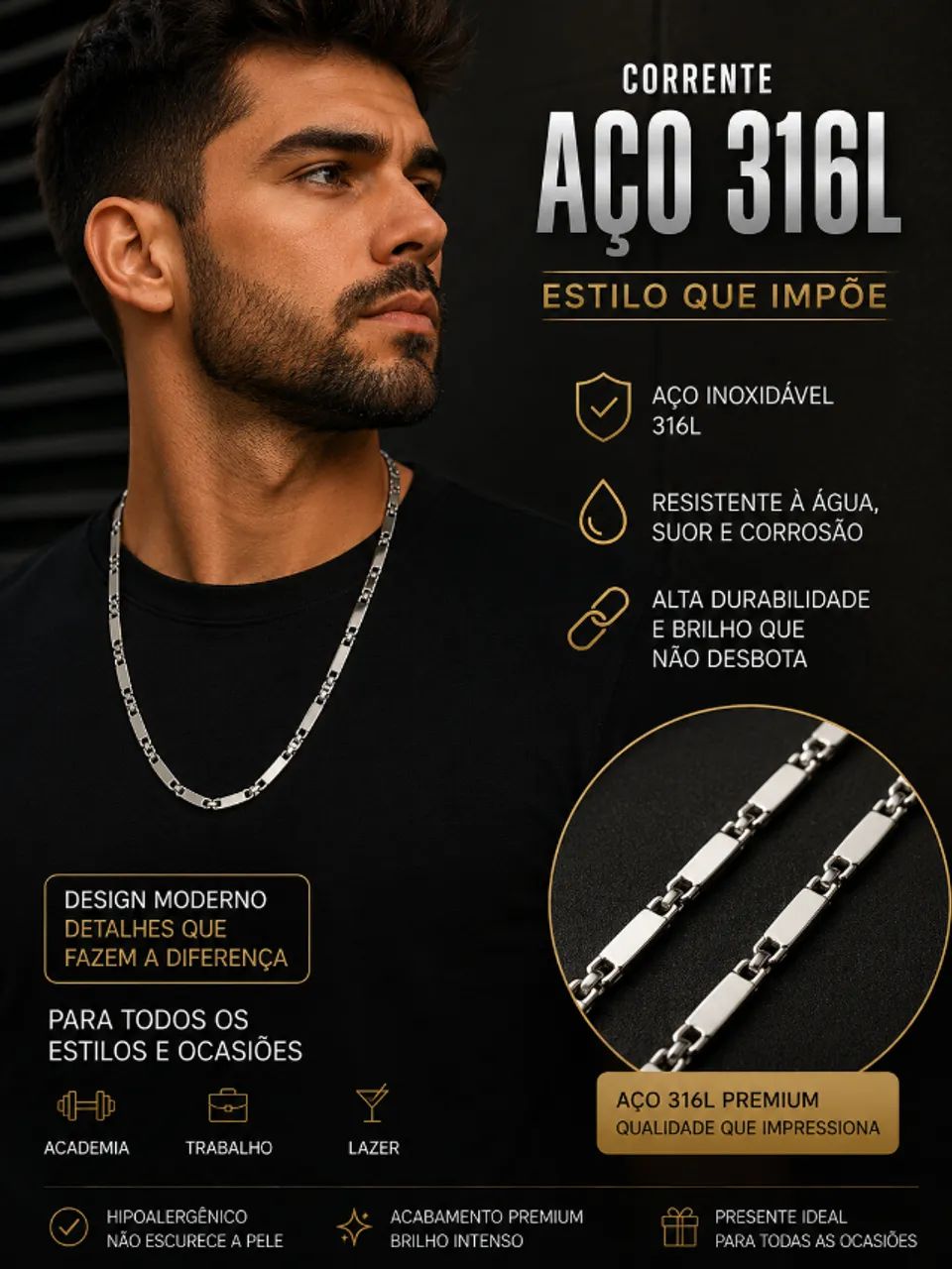 Colar/Correntes de Aço 316L (aço premium) - Foto 4