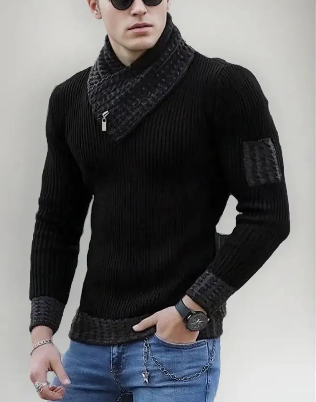 Pulôver Masculino Fino Casual Com Cachecol e zíper  - Foto 4