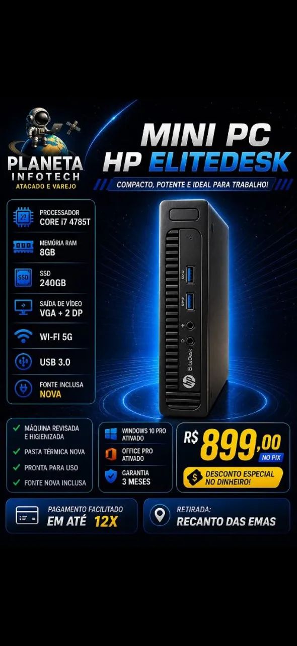 Mini PC HP EliteDesk core i7 4785T com 8gb de ram + SSD 240gb ( 3