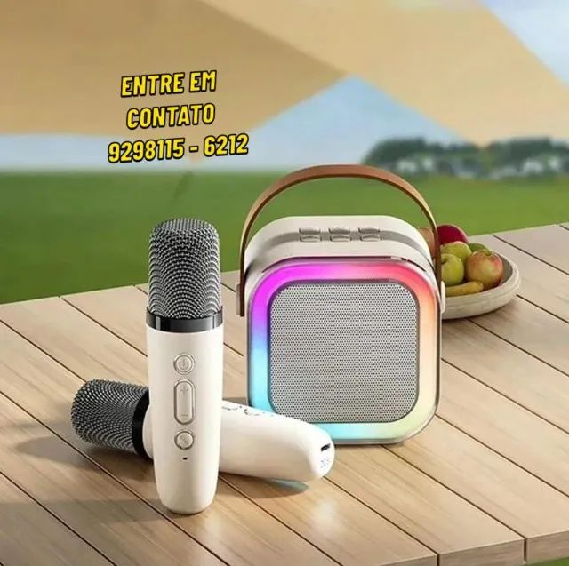 Karaokê C/ 2 Microfones Sem Fio Caixa Som Bluetooth Luz Led-Entregas 9h as 22h