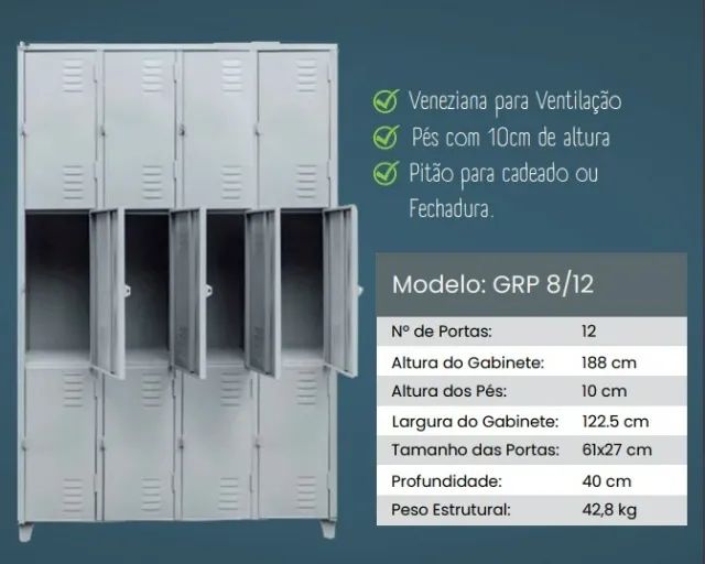 Armário de Aço 12 Portas Médias - GRP8/12 - Roupeiro de Aço - Guarda Volumes