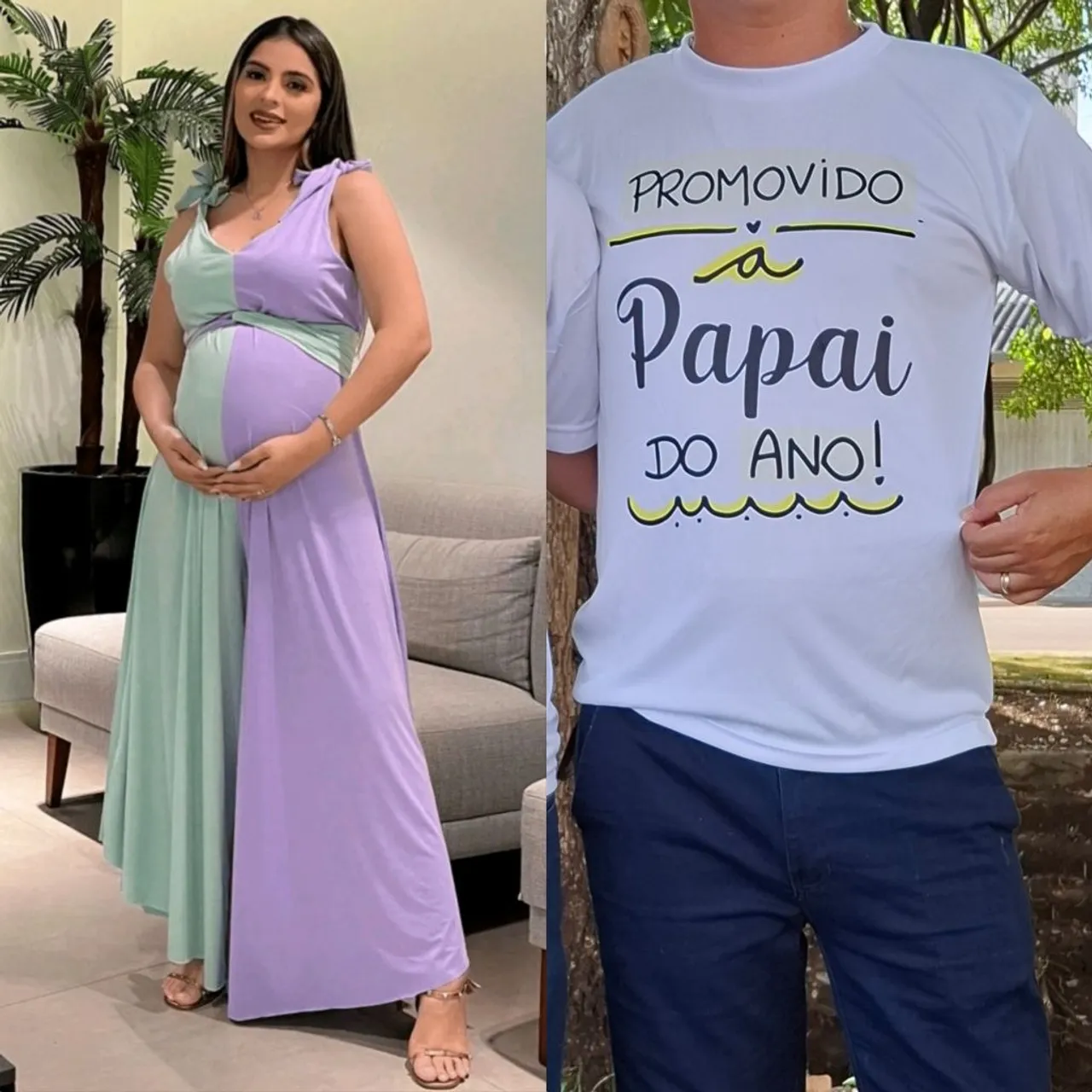 Macacão cha de revelação verde e lilas, camisa promovida pai tamanho M