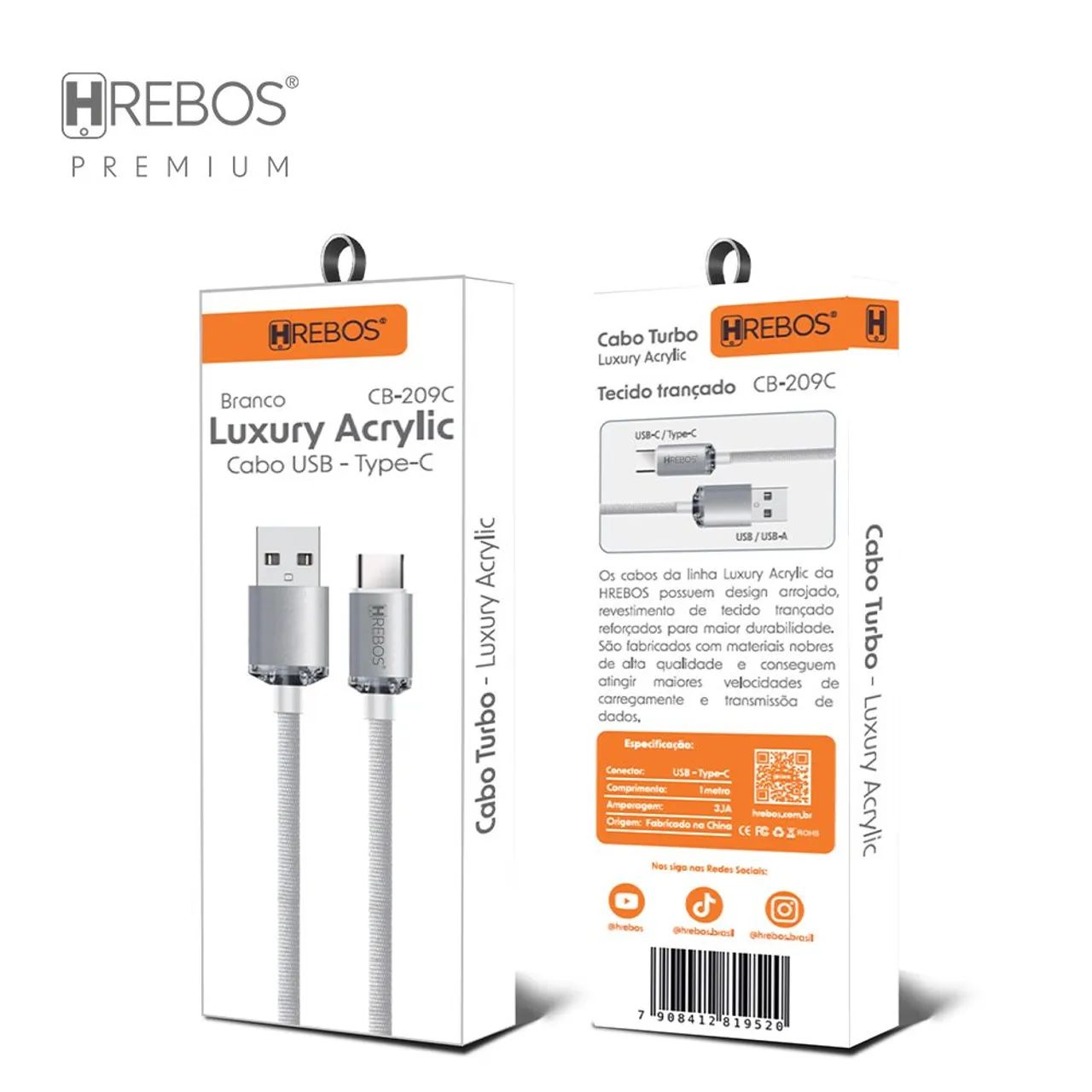 HREBOS Luxury Acrylic Braided USB Type-C or iOS Cable – 1 Meter64617795514498120