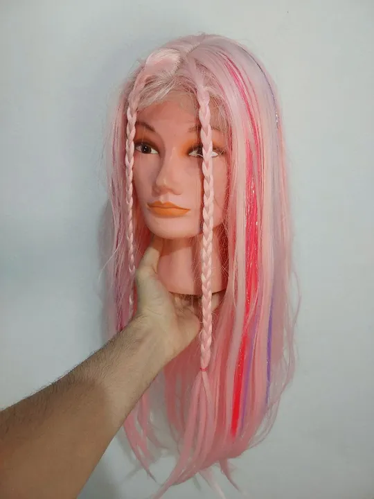 Peruca Lace Front Rosa Com Mechas Colorida para Fatasia de Carnaval Festa