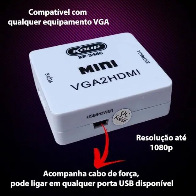 Conversor VGA para HDMI com Entrada P2 e Cabo de Força 