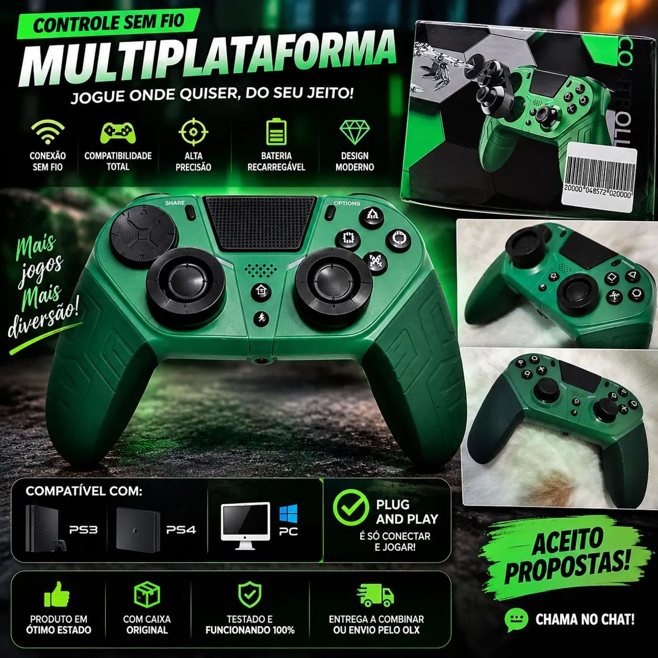 Controle Sem Fio Verde Multiplataforma PS3 PS4 PC + Caixa