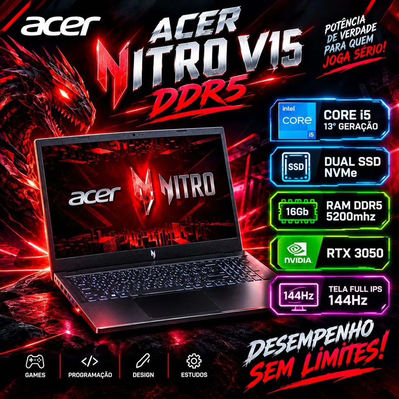 Notebook Acer Nitro V15 Core i5 13° Ger RTX 3050 (A pronta entrega)