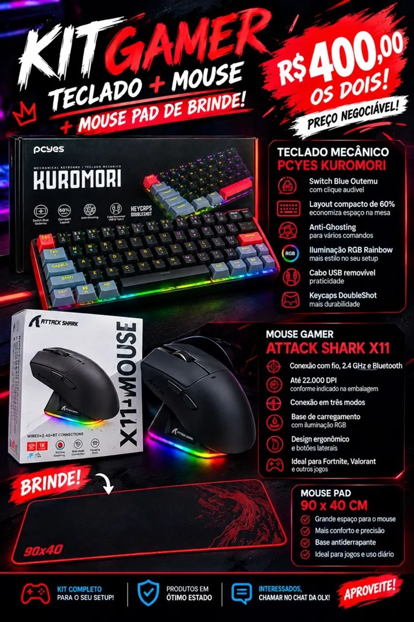 Kit gamer maouse é teclado + mouse pad de brinde 90x40