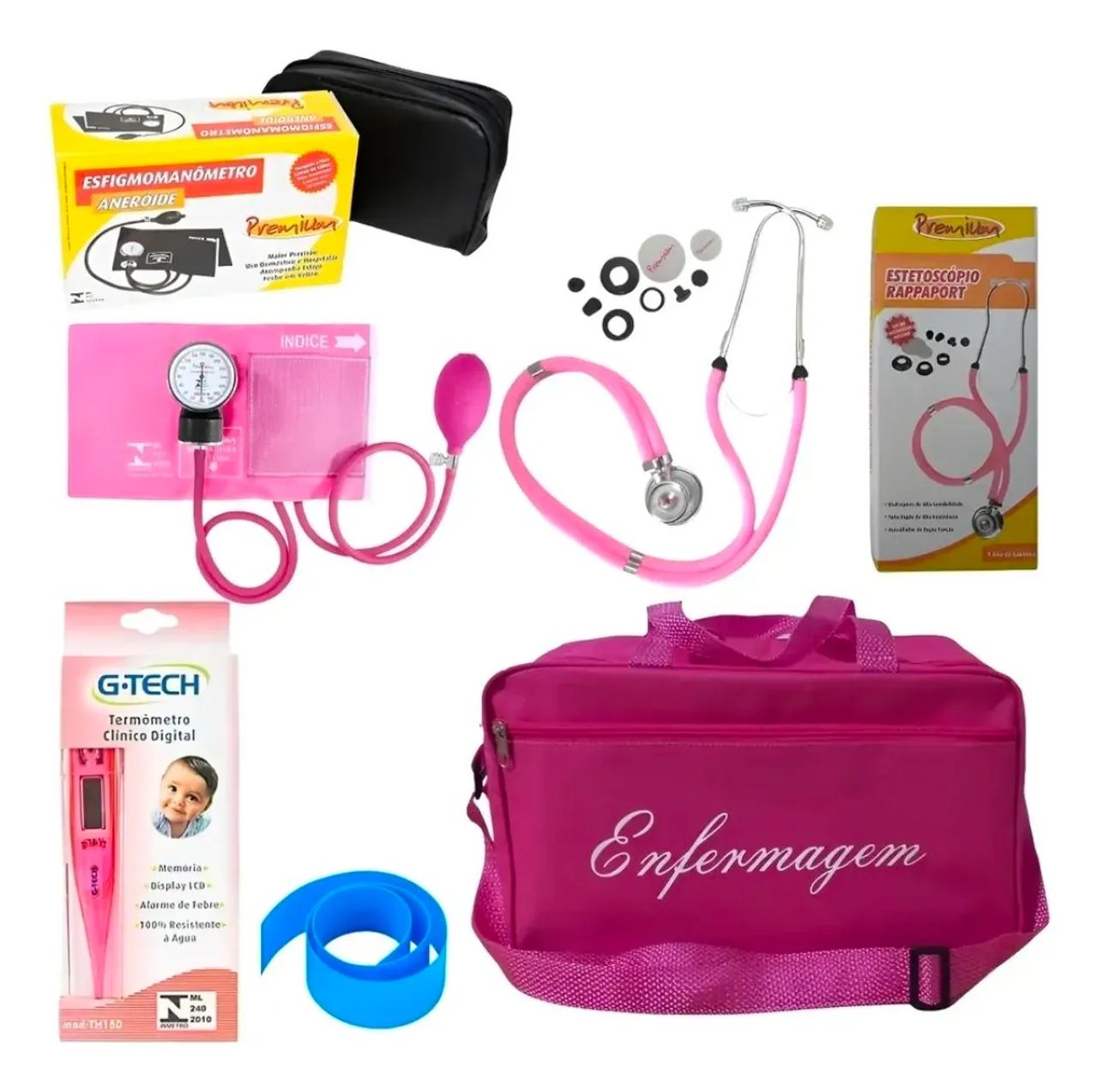 Kit Para Enfermagem Rosa Premium Com Esfigmo E Esteto Duplo