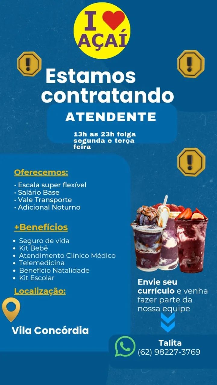  VILA CONCORDIA VAGA PARA ATENDENTE DE LOJA DE AÇAI