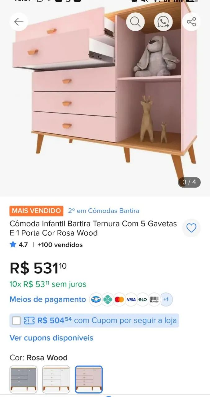 Cômoda rosa 5 gavetas e 1 porta