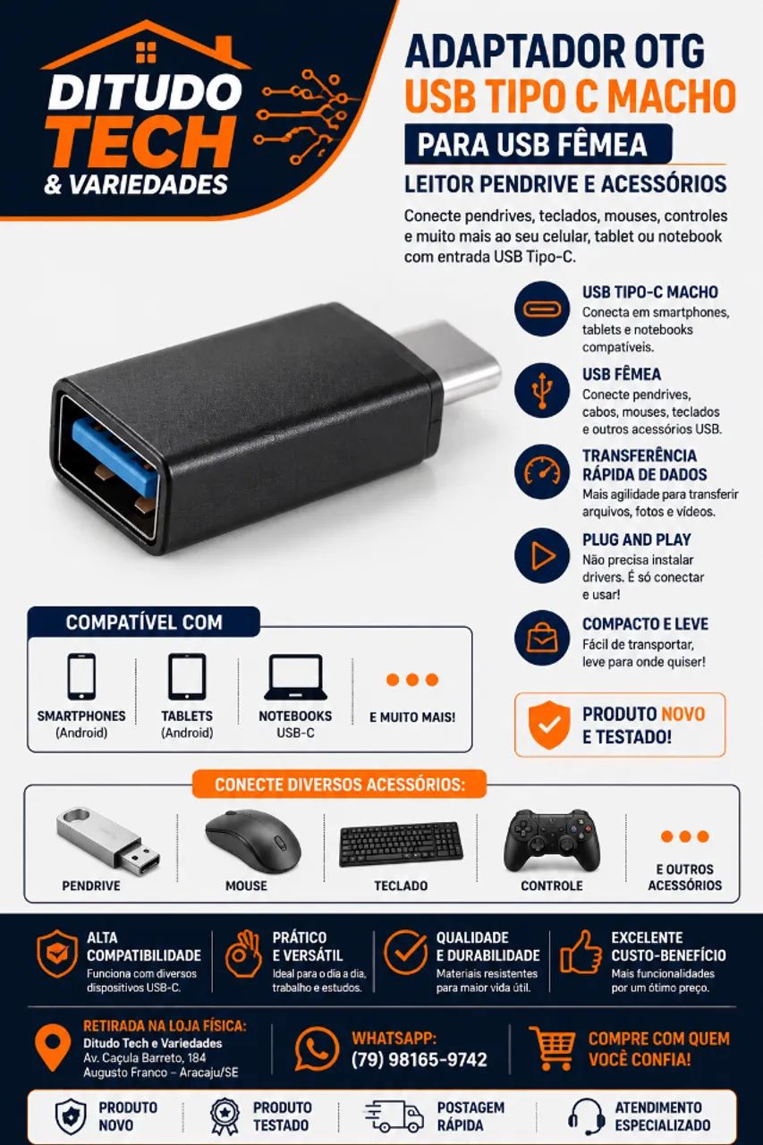 Adaptador OTG USB Tipo-C Macho Para USB Fêmea - Leitor Pendrive - Novo  - Foto 2