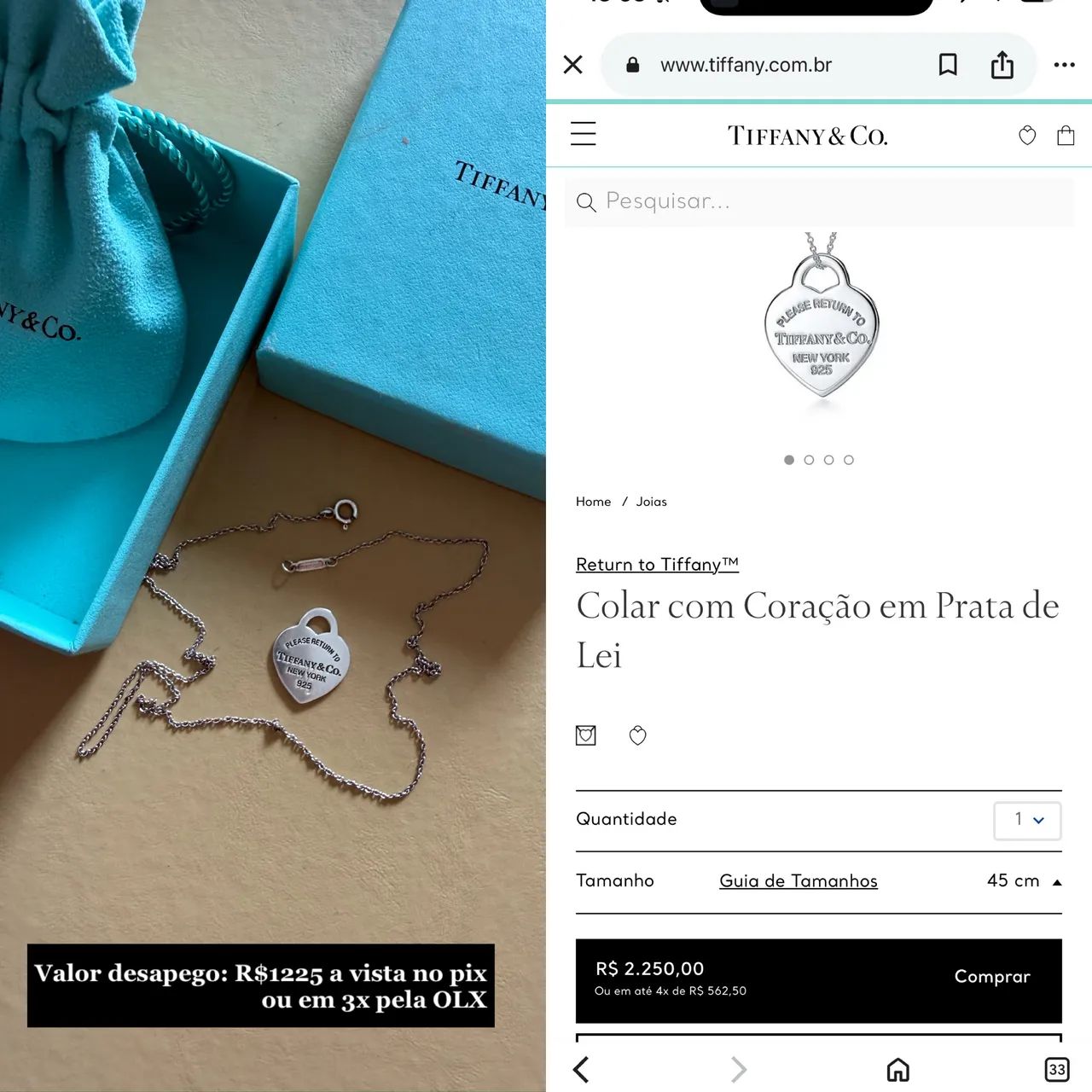 Pingente coração Tiffany