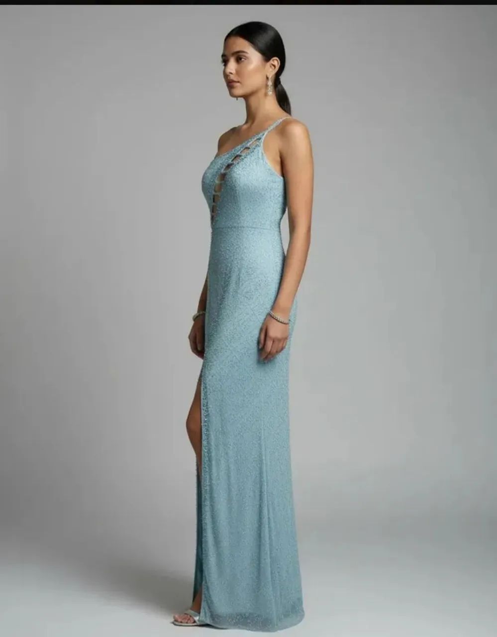 Vestido Azul Celeste Indiano Bordado com Fenda - Foto 5