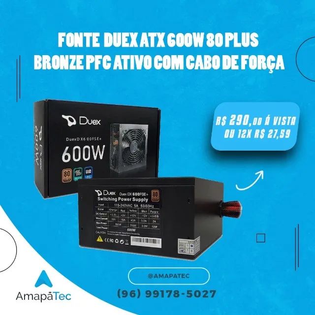 Fonte Duex 600w80 Plus Bronze Pfc Ativo