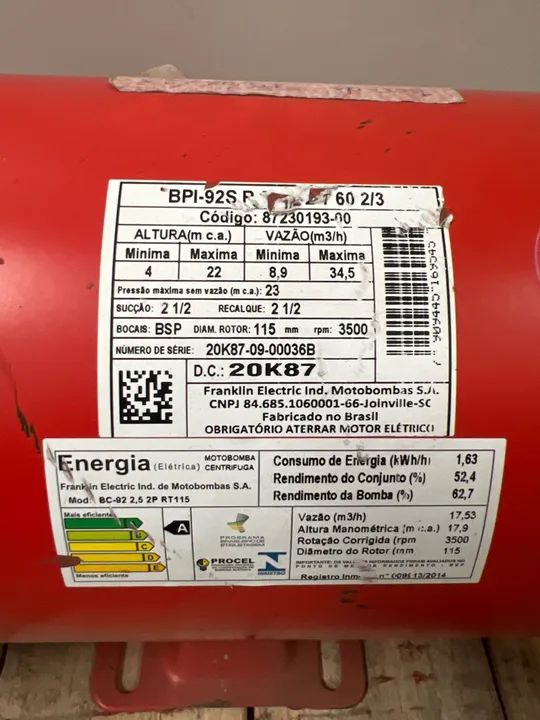 Bomba de Incêndio Schneider Bpi-92s 2.1/2 1 Cv Trifásica 220v/380v - Foto 2