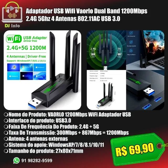 Adaptador USB Wifi Vaorlo Dual Band 1200Mbps 2.4G 5Ghz 4 Antenas 802.11AC USB 3.0