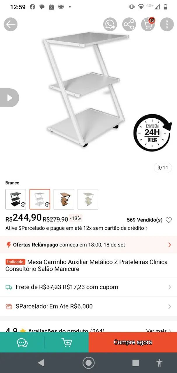 Bancada branca em Z com rodinhas