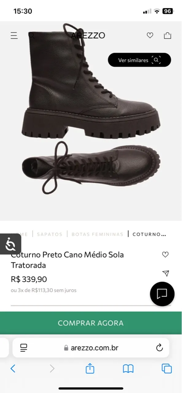 Bota Coturno Preto Cano Médio Sola Tratorada Arezzo