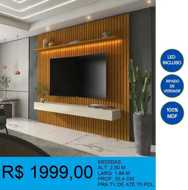 Painel com 1,85 m ripado e nicho - Entrega e montagem inclusa