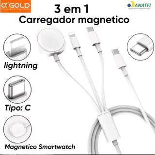Carregador Magnético 3 em 1 - Lightning, Tipo C e Smartwatch