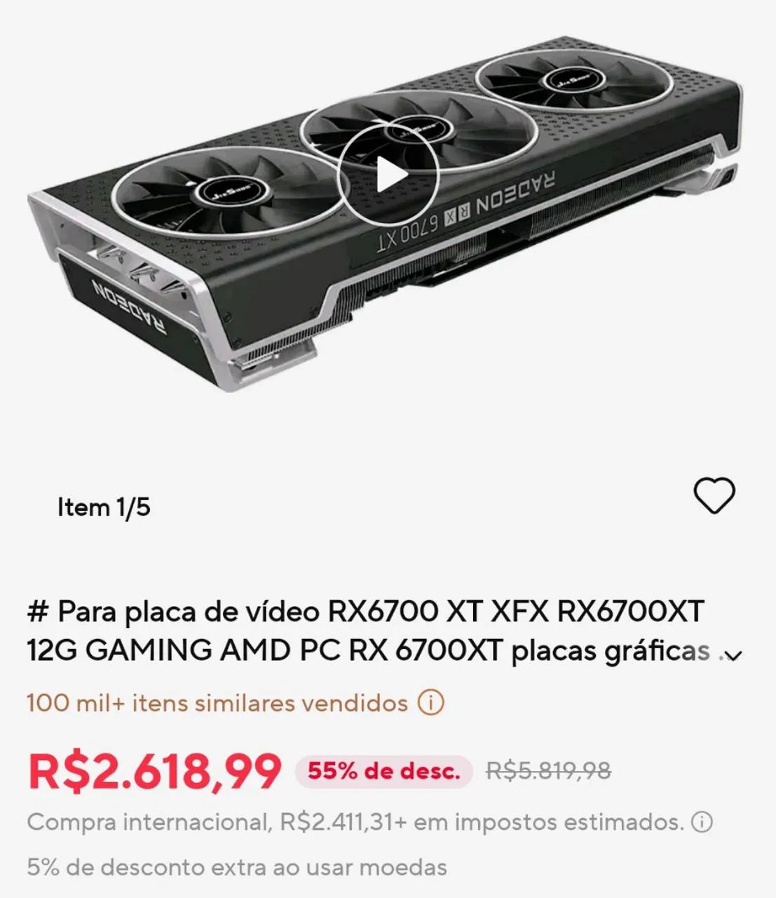 Vendo placa de vídeo RX 6700 XT xfx 12 g