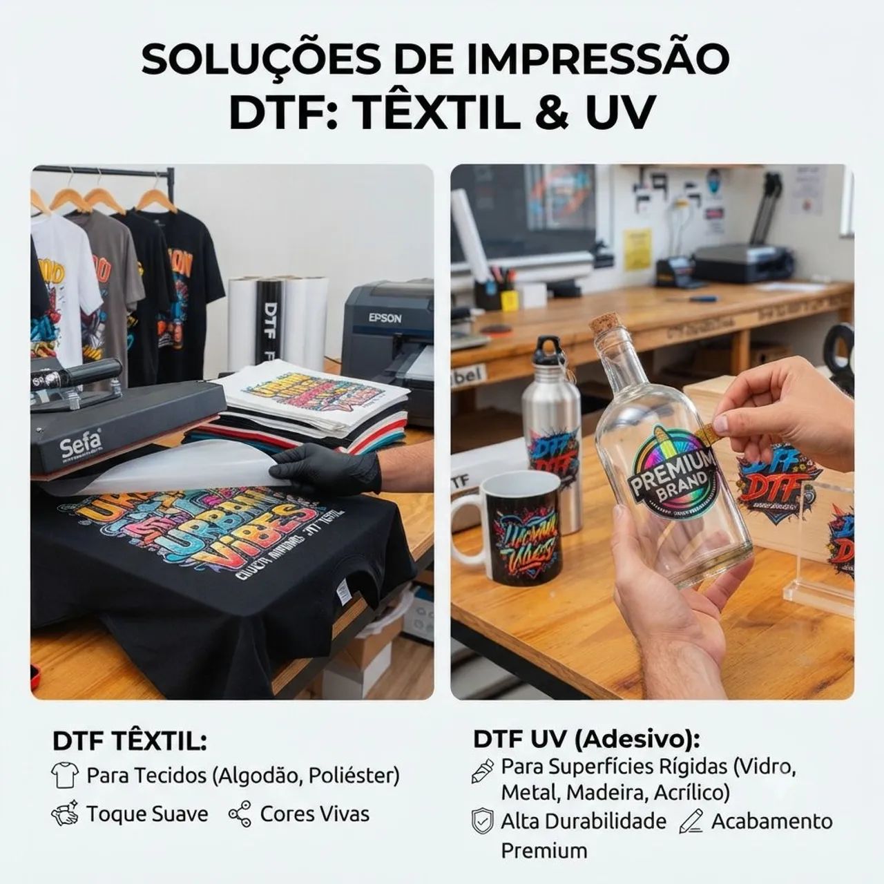 DTF Têxtil e DTF UV