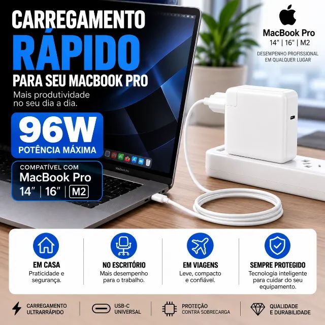 Carregador 96W Compatível com Macbook Pro Com Cabo Tipo C